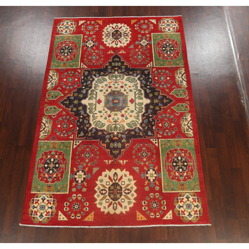 Tapis rouge / vert en laine noué à la main de conception unique 6 pi 5 po x 9 pi 9 po New Age