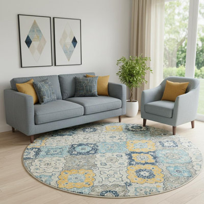 Tapis rond bleu 8 pi lavable et antidérapant à motif floral