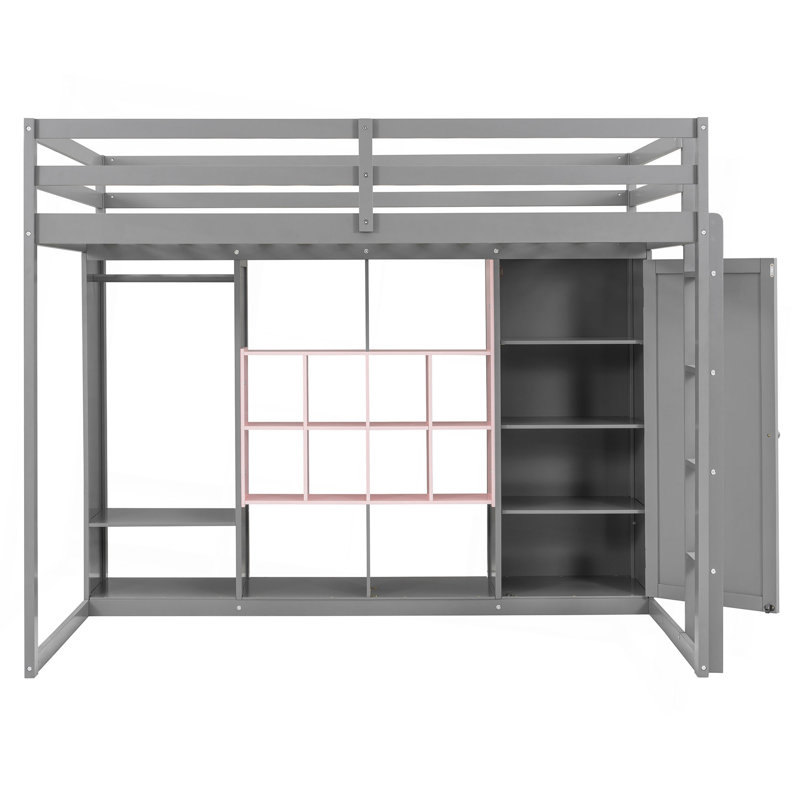 Lit mezzanine en bois pleine grandeur avec garde-robe, tablettes et armoire, Lit double, Rose / Gris