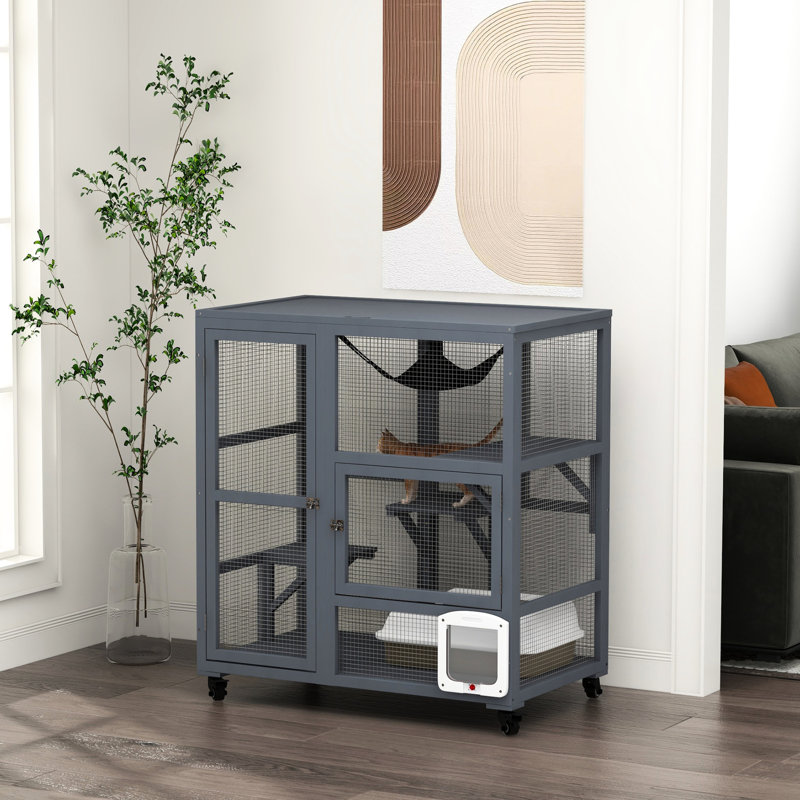 Maison pour chat, enclos intérieur en bois de 39 po, gris - à plusieurs niveaux avec plateformes et porte à rabat pour 2 chats de 12 livres ou moins, regroupés en roues agrégées, poids maximum
