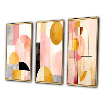 " Full Moon Bloom Retro Geometry Pink Gold II " 3 - Pieces
