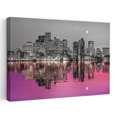 Horizon avec port au premier plan et lune au-dessus de la couleur, Boston, Massachusetts, coloré, abstrait, architecture urbaine contemporaine, art
