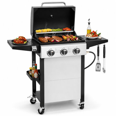 3-Burner Propane Gas Grill – 30,000 Btu, 4 All-Terrain Wheels, Foldable Side Table, Built-In Thermometer & Bottle Opener