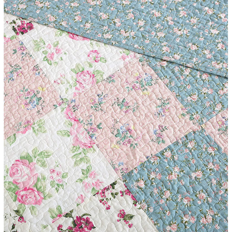 Queen White Cotton Reversible Floral Patchwork Quilt Set