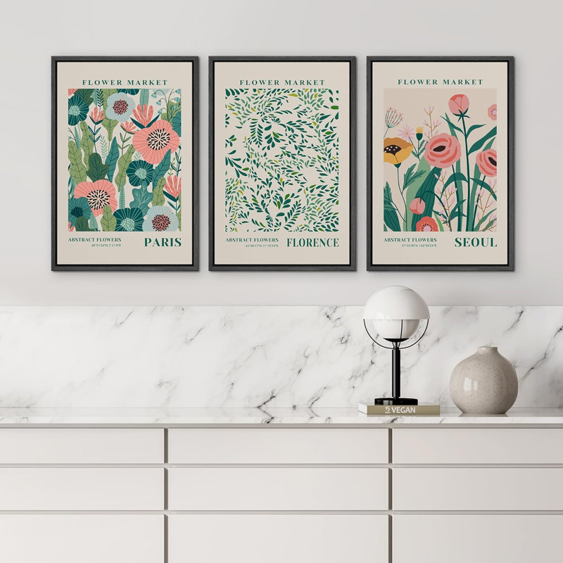 Classical Artwork Paris Florence Seoul Pastel Vibrant Abstract Flower Market Framed Canvas 3 Pieces Print Wall Art