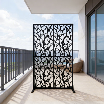 Écran d'intimité en métal 3,8 pi x 6 pi - Cloison d'intimité intérieure extérieure, décor d'oiseaux noir / blanc pour balcon / patio / jardin, écran d'intimité imperméable et antirouille