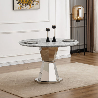 Table de salle à manger ronde en marbre de 47 po, table de cuisine moderne avec plateau en faux marbre ultrabrillant et base en acier inoxydable pour la salle à manger, cuisine (argent, gris)