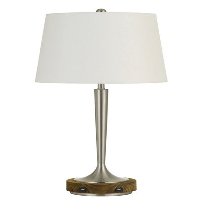 Lampe de table Chester 72 cm en métal et bois avec ports de chargement USB, acier brossé blanc cassé