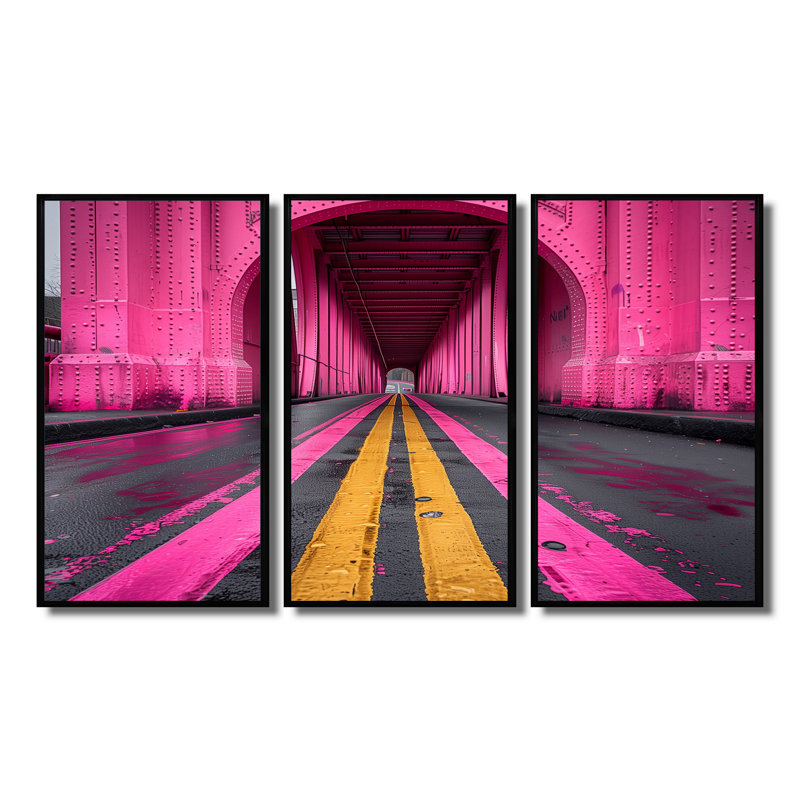 Rose, jaune, pont, pont, monochrome, ensemble d'art mural, H 28 po x l 36 po, Cadre flottant noir