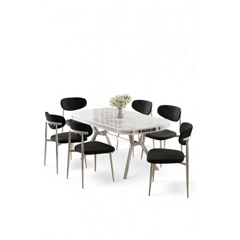 Dining Table & Chairs Set (7 Pieces), 7 Pieces: Table, 6 Chairs, White Marble/Chrome, Black