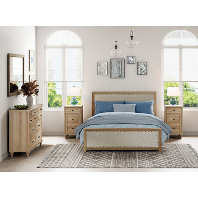 Ensemble de chambre à coucher 3 pièces - Comprend une commode 8 tiroirs Mid Century, un ensemble de 2 tables de chevet avec station de charge, une commode 3 pièces et une table de chevet