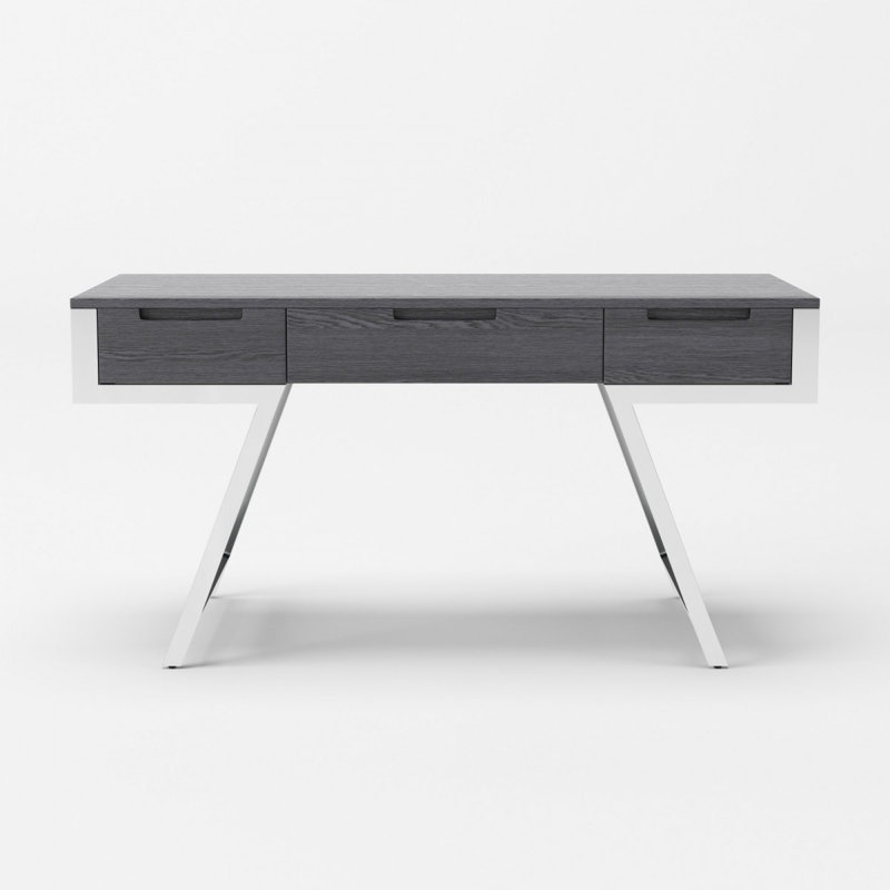 Bureau d'écriture rectangulaire en noyer et chrome 63 po avec trois tiroirs, Gris orme