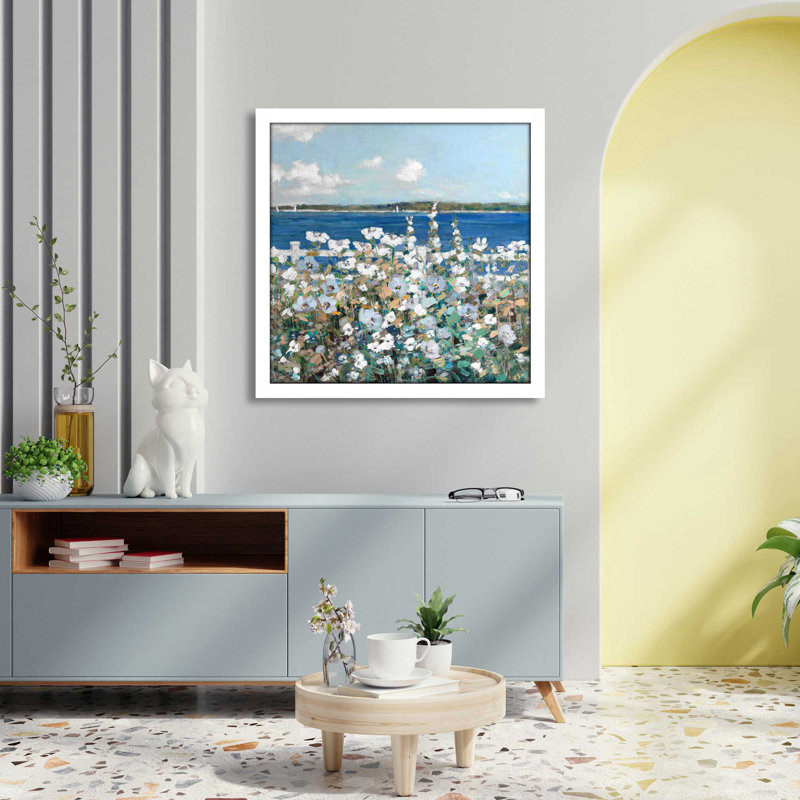 «Bayside Garden» par Sally Swatland - Peinture, L 25,5 po x H 25,5 po, Cadre blanc