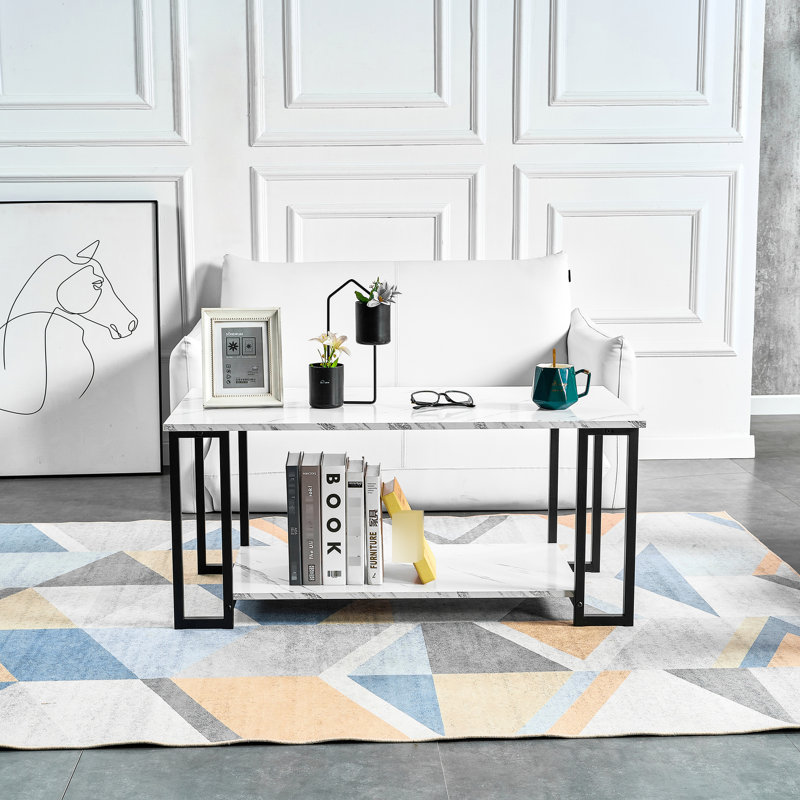 Table basse en marbre épais à 2 couches de 1,5 cm, plateau de table rectangulaire de L 38,9 po avec base en fer, plateau blanc et pied noir pour la salle à manger, la table, le magasin, l'utilisation
