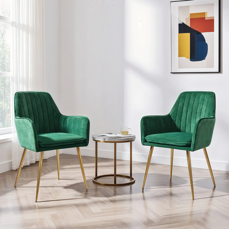 Chaises d'appoint luxueuses en velours vert avec pieds dorés, ensemble de 2 - Coussin amovible, fauteuils avec cadre en métal Glam pour la salle à manger et le salon