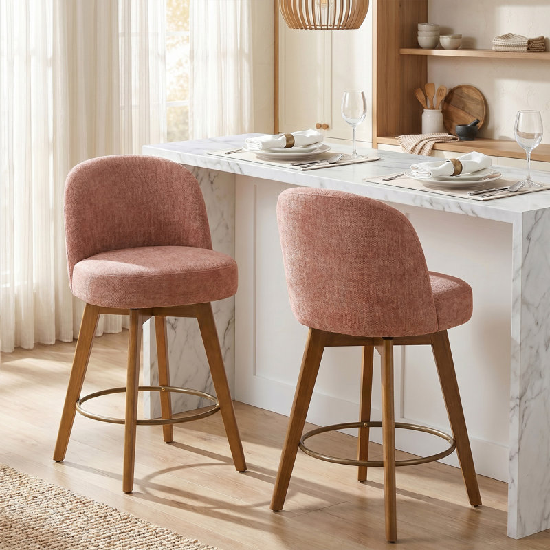 26" Swivel Upholstered Counter Stool With Solid Wood Frame And Mid Back, Sandy Pink/Chenille