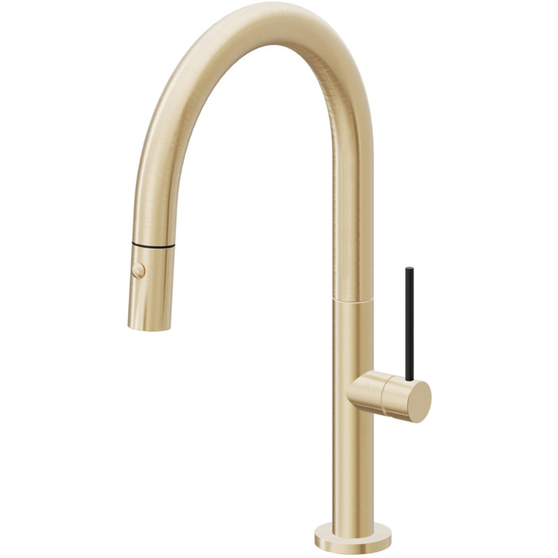 Pull-Down Kitchen Faucet With Button Sprayer - Low Arc Spout, Satin Brass, Black Stick