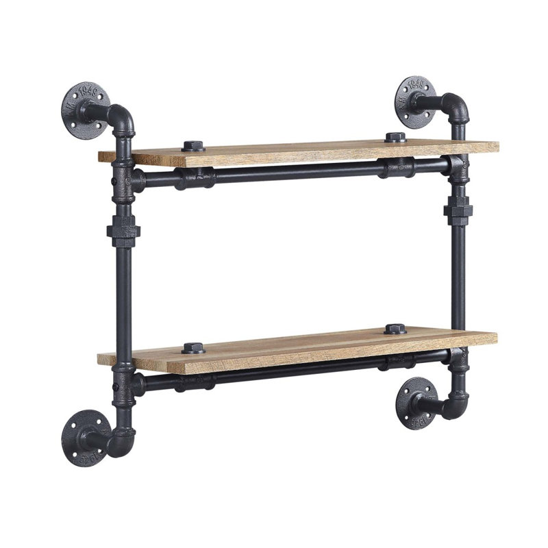 Étagère murale à 2 niveaux avec tube en métal, chêne et noir sable, H 24,07 po x l 28,07 po x P 9,07 po