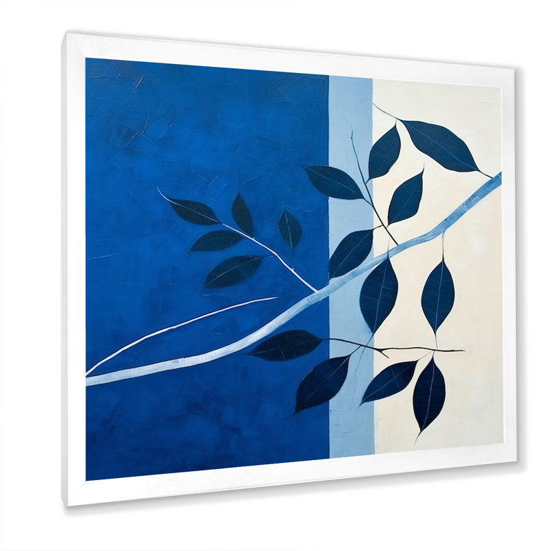 Silhouette de feuilles bleues saphir II, H 16 po x l 16 po x P 1 po, Cadre simple blanc