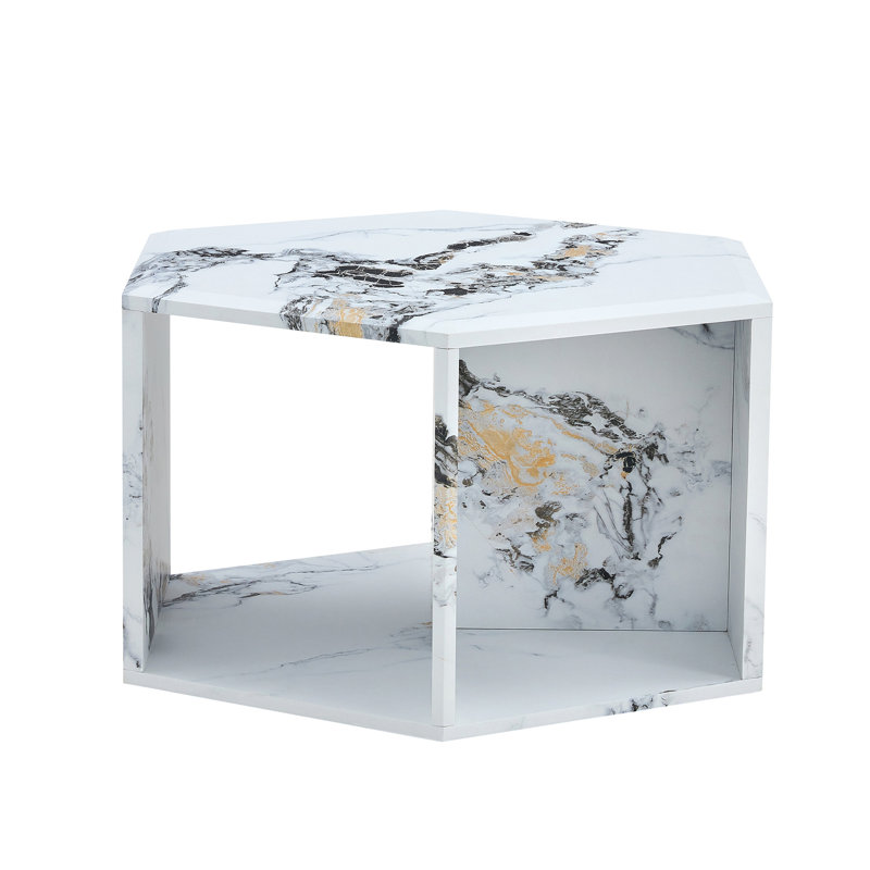 Hexagonal MDF Coffee Table, White Marbl Pattern Stickers, Multi-Hole Design To Give More Storage Space, Simple And Convenient Design Makes It Suitable For All Kinds Of Style Scenes. 25*21.6