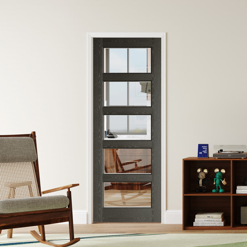 Dalle de porte 3 pièces en verre clair de fabrication en bois noir apprêté avec dalle de porte intérieure (sans charnière et quincaillerie d'installation / poignées)