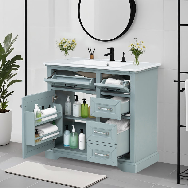 Ensemble de meuble-lavabo 36 po - Lavabo sous-comptoir en céramique, 2 tiroirs rabattables, charnières à fermeture en douceur