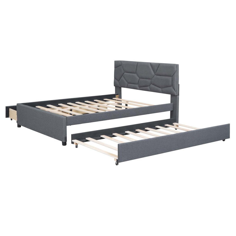 Lit plateforme double tapissier pleine grandeur avec tête de lit à motif brique, avec lit gigogne simple et 2 tiroirs, tissu en lin, gris