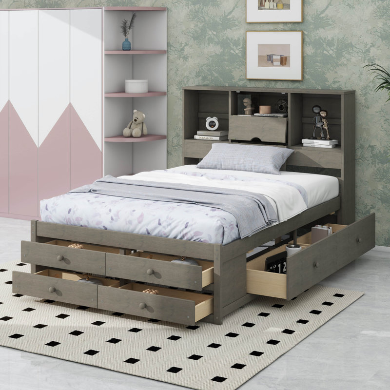 Lit plateforme avec tête de lit et rangement à 8 tiroirs, Gris, Grand lit
