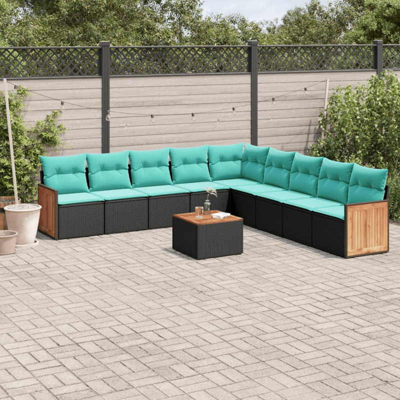 Ensemble de canapé de patio 10 pièces avec coussins en rotin de polyester, Bleu clair, Noir