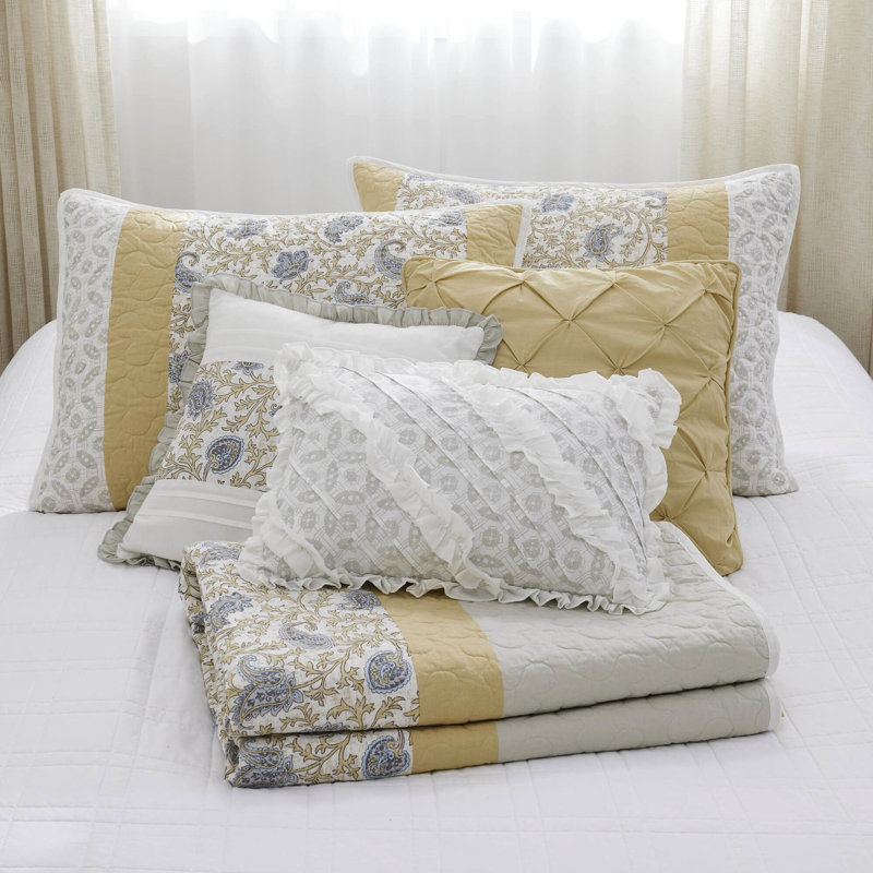 Courtepointe très grand / très grand, jaune, 6 pièces, tissu, avec des coussins enchanteurs, mélange de pièces, élégant