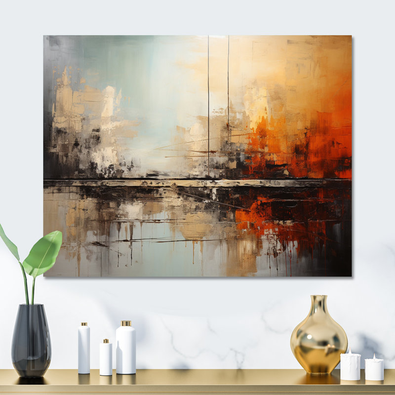 «Teal Orange Bold Energy II», impression de collages abstraits sur métal, H 30 po x l 40 po x P 1 po