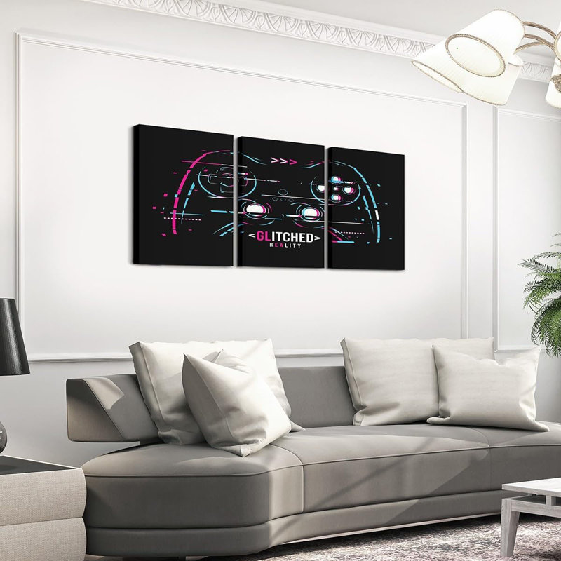 Video Game Wall Art for Living Room 16" L x 12" W Each,Pixel Style Gamer Gamepad Poster Prints Modern Gaming 3 Piece Picture Sets Wall Decor