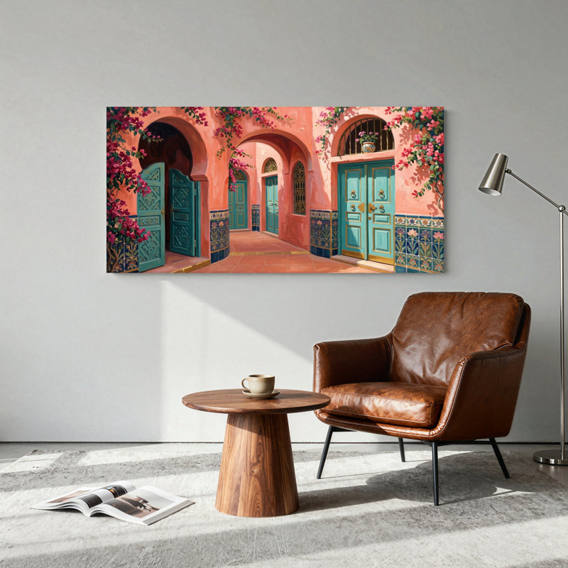 Ensemble d'un tableau sur toile représentant une cour marocaine, 40“W x 20”H, Wrapped Canvas