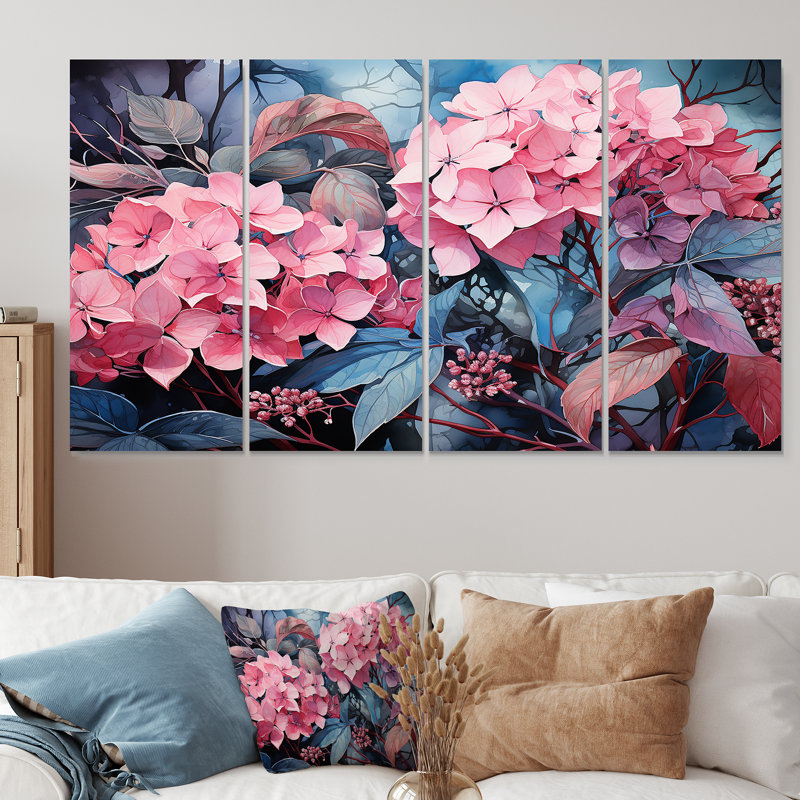 «Pink Tropical Hibiscus Elegance III - Hydrangea», art mural sur toile 4 pièces, H 28 po x l 48 po