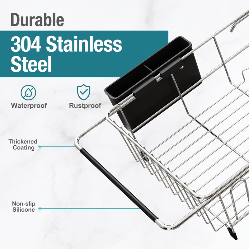 Expandable Stainless Steel Dish Drying Rack With Utensil Holder