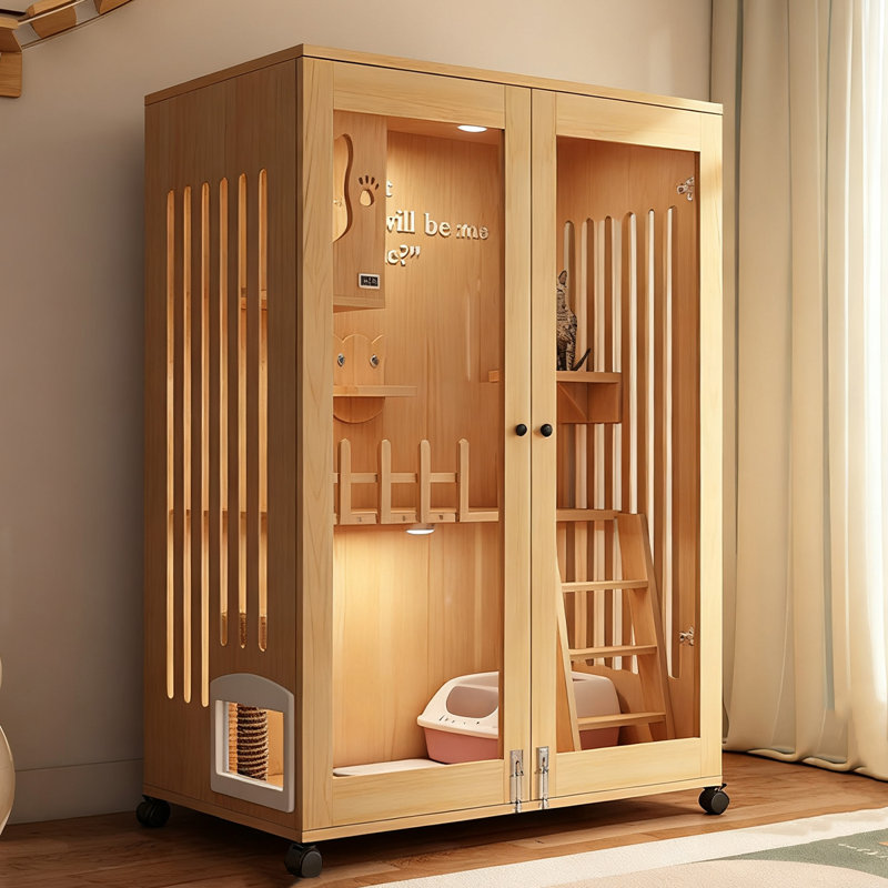 Double-door Solid Varnished Pine Cat House with Night Light