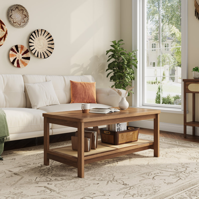 Table basse 39,4 po Boho, table centrale à 2 niveaux avec tablette de rangement ouverte en rotin, table basse d'appoint carrée pour le salon, petit appartement, brun