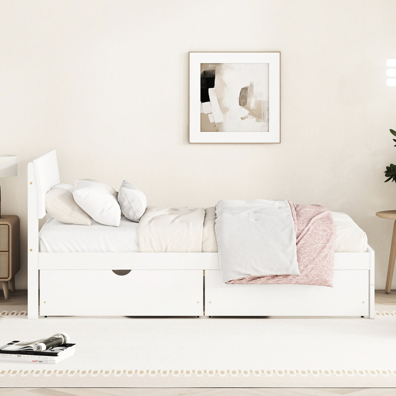 Structure de lit simple avec extérieur blanc crème - Pièce de chambre à coucher à 2 tiroirs coulissants d'aspect moderne