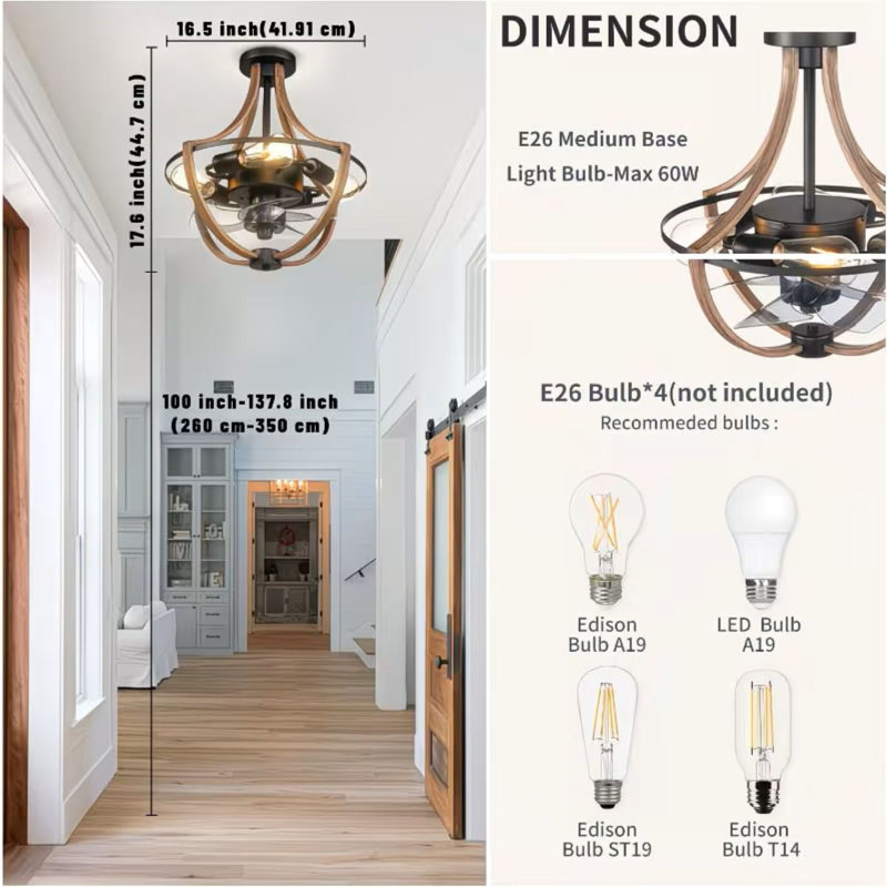 Ventilateur de plafond avec lumières et ventilateur encastré avec télécommande Remotefarmhouse Fandelier