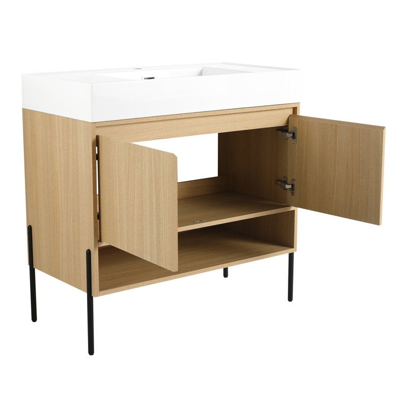 Meuble-lavabo 36 po avec lavabo simple en résine et solution de rangement - Armoire polyvalente en chêne 36