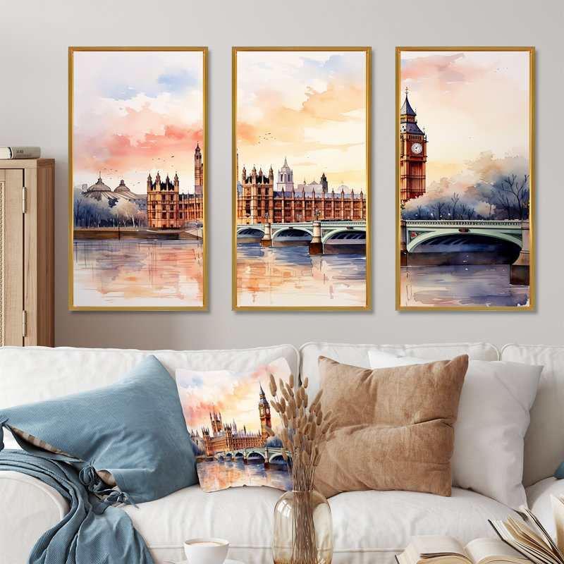 Big Ben London Skylines At Sunset I - City London, art mural, Cadre flottant doré, H 28 po x l 36 po