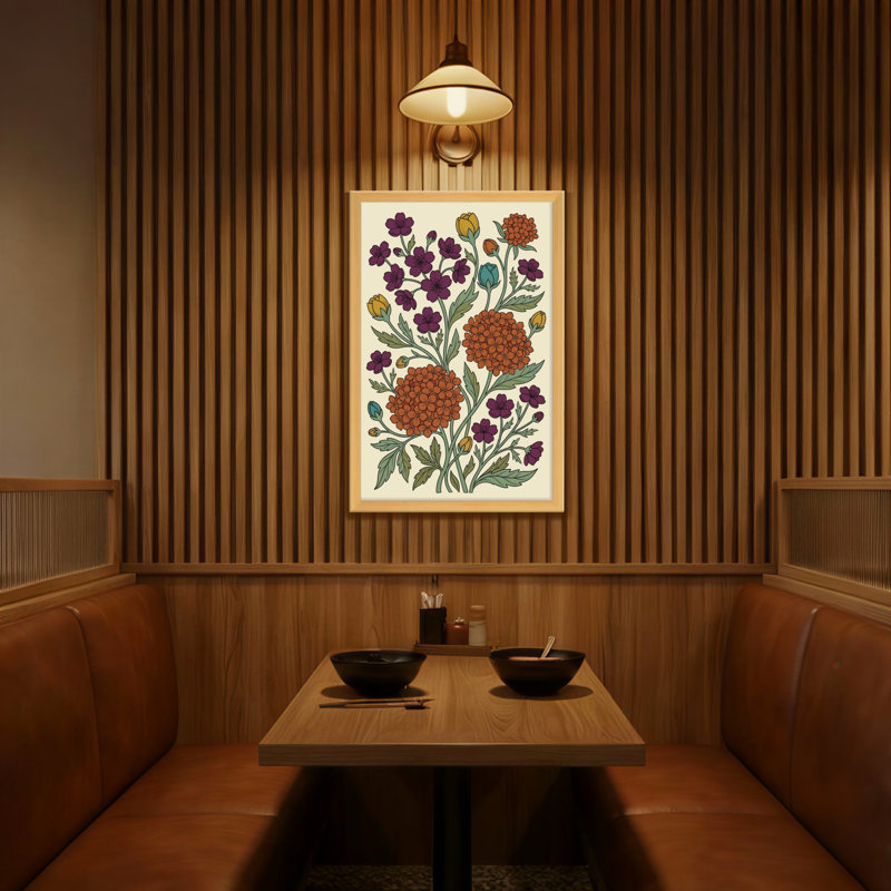 Motif floral de plantes et de fleurs avec des fleurs mauves et oranges