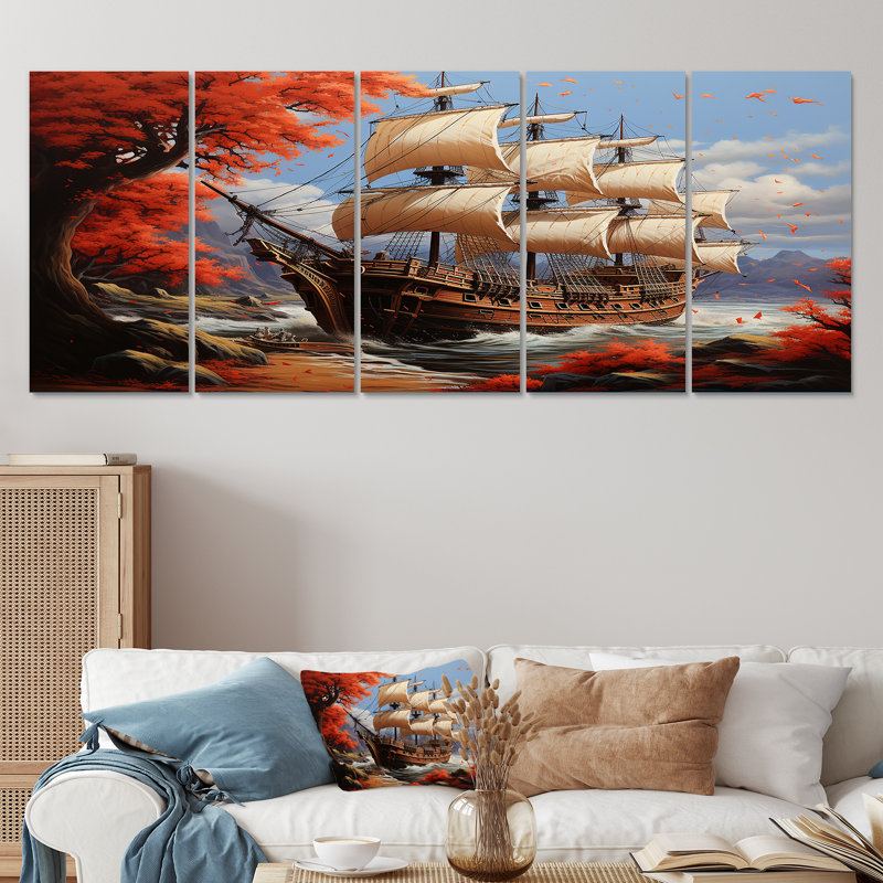 Antilles caribéennes II - pirate, art mural 5 pièces, H 28 po x l 60 po