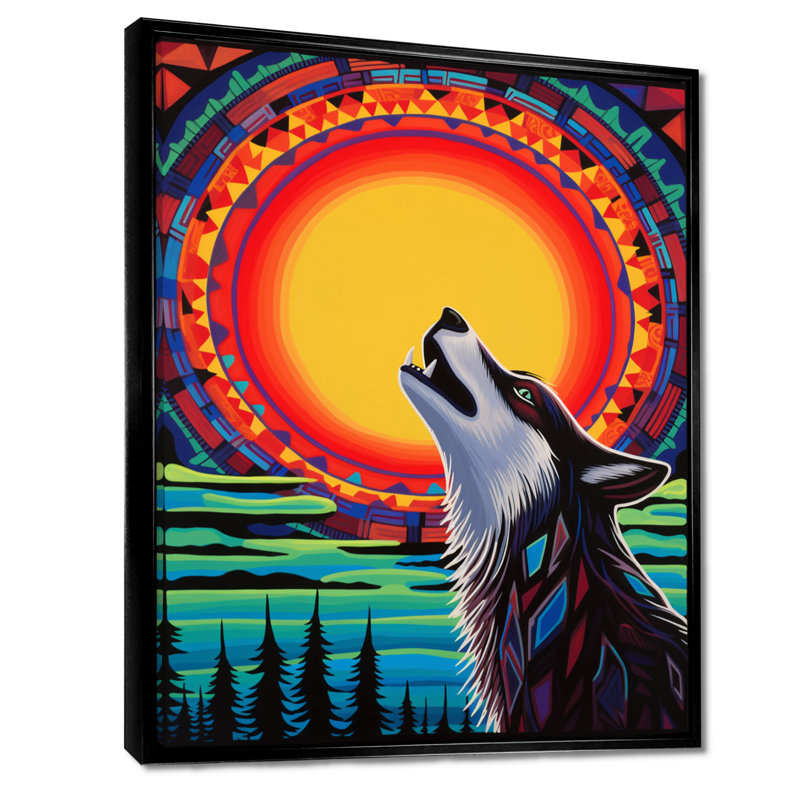 Loup hurlant à la pleine lune, Toile avec cadre flottant noir, H 20 po x l 12 po x P 1 po