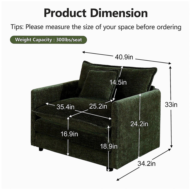Ensemble de 2 chaises d'appoint, fauteuils rembourrés en chenille haut de gamme, chaises d'appoint de salon avec coussin décoratif, chenille verte