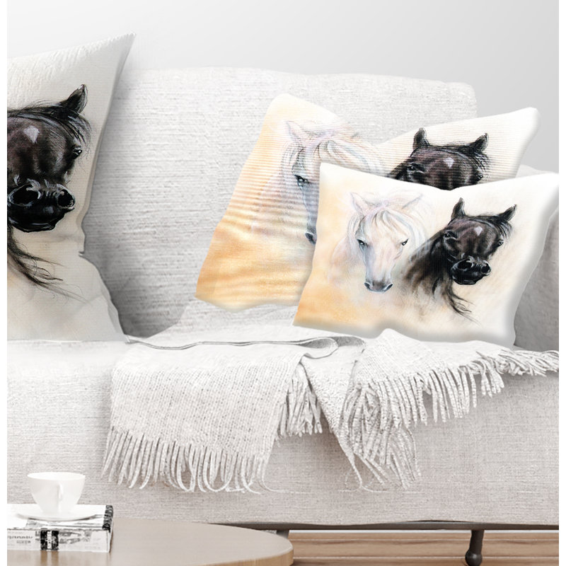 Têtes de cheval noires et blanches - Coussin décoratif à imprimé animal