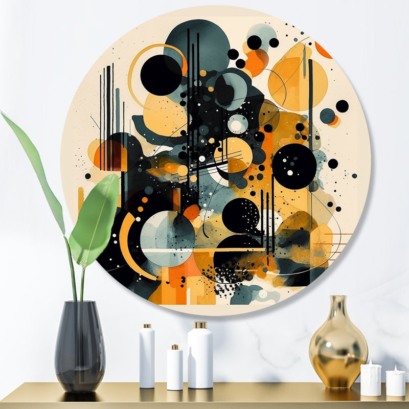 Gold And Black Captivating Abstractions II - Abstract Minimalism Round Wall Art on Metal, 16" H x 16" W x 1" D
