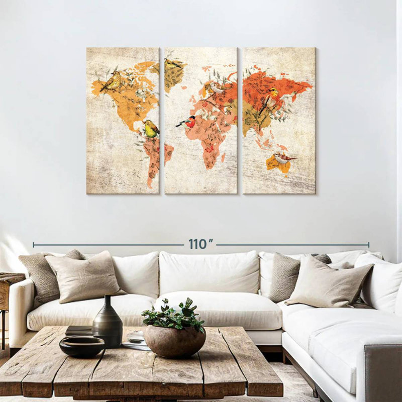 Carte du monde des oiseaux d'automne Aliaz, H 48 po x l 74 po