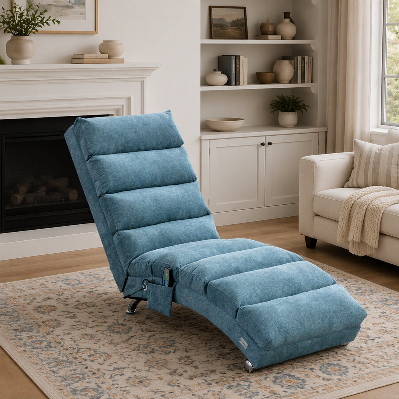 Chaise longue rembourrée de luxe avec vibration pour la détente, fauteuil inclinable moderne en tissu à dossier fixe pour le salon / la chambre à coucher