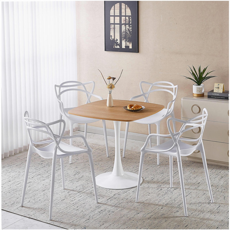 Ensemble de salle à manger 1 + 4,5 pièces, table de salle à manger de style Mid-Century pour 4 à 6 personnes avec plateau en panneau de fibres à densité moyenne, table de salle à manger à piédestal, table basse de loisirs, ensemble blanc